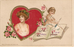 "Lady In Red Heart. Eros With Arrows Bow" Old Vintage John Winsch Valentine Greetings Postcard - Dia De Los Amorados