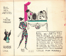 Spectacle - Théâtre - Bal Masqué Des Artistes Marigny - Loge Max Maurey - Illustrateur Hervé Baille 1927 - Arlequin - Theater