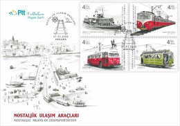 TURKEY / 2022 - (FDC) Nostalgic Vehicles (Train, Tram, Bus, Ship), MNH - Cartas & Documentos