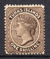 Turks Islands 1887 1/- Sepia, Perf. 14, Wmk. Crown CA, Lightly Hinged Mint, SG 60 (WI2) - Turks & Caicos (I. Turques Et Caïques)