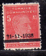 TURCHIA TURKÍA TURKEY 1938 SURCHARGED KEMAL ATATURK 5K MH - Nuovi