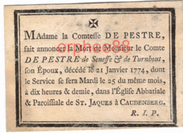 Comte De Pestre De Seneffe Et De Turnhout, + Brussel 1774, Overlijdenbericht, Petite Annonce De Décès - Overlijden