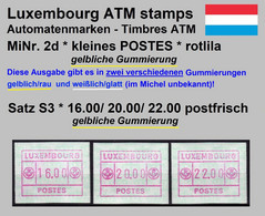 Luxemburg Luxembourg Timbres ATM 2 D Kleines Postes Rotlila / Gelblicher Gummi Satz S3 16/20/22 ** Frama Automatenmarken - Frankeervignetten