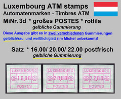 Luxemburg Luxembourg Timbres ATM 3 D Grosses Postes Rotlila / Gelblicher Gummi Satz 16/20/22 ** Frama Automatenmarken - Frankeervignetten