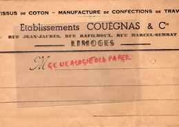 87- LIMOGES- RARE ENVELOPPE ETS. COUEGNAS -TISSUS MANUFACTURE CONFECTIONS TRAVAIL-RUE JEAN JAURES-RAFILHOUX SEMBAT - Textile & Vestimentaire