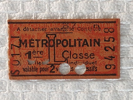 Ancien Ticket De 1ère Classe "METROPOLITAIN" De 1937 (Lettre L) N°94258 - Pub Verso "COGNAC ROUYER" - Europa
