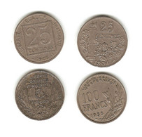 203/ France : 4 Pièces : 25 Cts Patey 1903 (carré) - 25 Cts Patey 1904 (faisceau) - 5 Fr Bazor 1933 - 100 Fr Cochet 1955 - 5 Francs