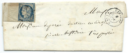 GRILLE SUR N° 4 BLEU BORD DE FEUILLE SUR CERES SUR LETTRE / UZERCHE POUR PIERRE BUFFIERE HAUTE VIENNE / 6 NOV 1850 - 1849-1876: Période Classique