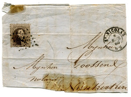 1866 Deel Van Brief Van St. Nicolas Naar Notaris Gossens Nieuwkerke - Getande Medaillon 10c - Met Puntstempel - 1849-1865 Medallions (Other)