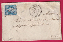 N°22 GC 3245 RUINES CANTAL CAC TYPE 22 SIGNE JAMET INDICE 15 LETTRE COVER FRANCE - 1849-1876: Periodo Clásico
