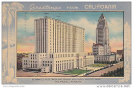 Greetings From California Blue Border Los Angeles Post Office Federal Building And City Hall 1943 - Los Angeles
