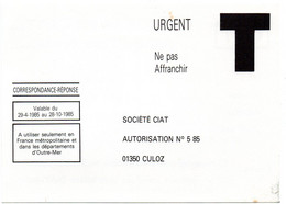 AIN - Dépt N° 01 = CULOZ 1985 = CORRESPONDANCE REPONSE T URGENT ' Société CIAT ' - Karten/Antwortumschläge T