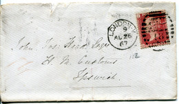 Great Britain - England 1867 Cover London To Ipswich - 1d Red - Plate 102 - Cartas & Documentos