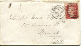 Great Britain - England 1867 Cover London To Ipswich - 1d Red - Plate 80 - Storia Postale