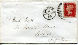 Great Britain - England 1868 Cover London To Ipswich - 1d Red - Plate 108 - Cartas & Documentos