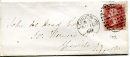 Great Britain - England 1868 Cover London To Ipswich - 1d Red - Plate 102 - Covers & Documents