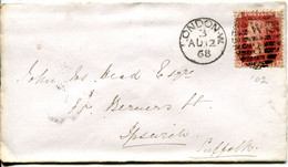 Great Britain - England 1868 Cover London To Ipswich - 1d Red - Plate 102 - Storia Postale