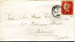 Great Britain - England 1868 Cover London To Ipswich - 1d Red - Plate 76 - Lettres & Documents