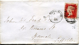 Great Britain - England 1868 Cover London To Ipswich - 1d Red - Plate 76 - Lettres & Documents