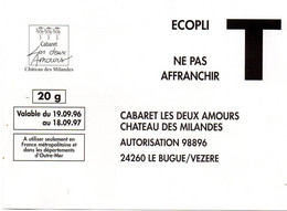 DORDOGNE -Dépt N° 24 = LE BUGUE 1996 =CORRESPONDANCE REPONSE T  ECOPLI 'CABARET DEUX AMOURS /CHATEAU Des MILANDES' BAKER - Cards/T Return Covers