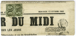Càd T 15 MONTPELLIER (33) / N° 11 (2 Paires) Sur Journal Entier ' Messager Du Midi ' Daté Du Mercredi 13 Février 1861. - - 1853-1860 Napoleon III