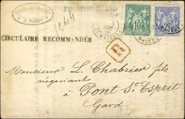 Càd PARIS / BT MAGENTA / N° 65 + N° 78 Sur Circulaire Recommandée Pour Pont St Esprit (tarif Février 1873 : 10c Imprimé  - 1876-1878 Sage (Type I)