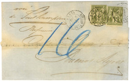 Càd PARIS / PL. DE LA BOURSE / N° 72 (2) Sur Lettre 2 Ports Pour Buenos Ayres. Taxe 16 (8 Centavos X2) Matérialisant Le  - Postal Rates