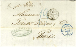 Càd RIO DE JANEIRO Sur Lettre Pour Paris. Au Recto, Càd D'entrée Bleu 2 BRESIL 2 / CALAIS Et Taxe Tampon 13 Bleue. 1877. - Tarifas Postales