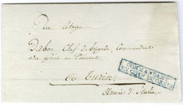 Lettre Avec Texte Daté De Milan Le 13 Germinal An 9, Signé Flandin Pour Turin. Au Recto, Griffe Bleue Encadrée COMMANDAN - Army Postmarks (before 1900)