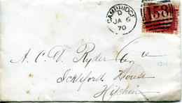 Great Britain - England 1869 Cover Cambridge To Hitchin - 1d Red - Plate 124 - Cartas & Documentos