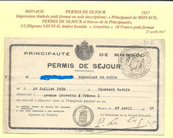 FISCAUX  MONACO TRES RARE PERMIS DE SEJOUR DE 1937  Petit TIMBRE à 10 Francs "blason" 1/2 Filigrane LOUIS II - Fiscaux