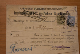 Belgique - Imprimerie Guyot - Bruxelles - Reçu Contre Remboursement 18-12-1902, Timbres N° 59 Et 60 - Druck & Papierwaren