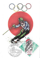 MONACO 1972 - CARTE MAXIMUM SKI JEUX OLYMPIQUE DE SAPPORO JAPON 1972, SAUT A SKI, SLALOM, VOIR LES SCANNERS - Covers & Documents