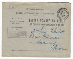 PARIS R.P. DEPOT CENTRAL REBUTS Paris 1954 Enveloppe Réexpédition Lettre Formule N° 827/(X. 322009) Dest Commercy Meuse - 1921-1960: Moderne