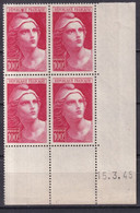 GANDON VARIETE "REPUBLIIUE" - 1945 - YVERT N° 733 ** MNH BLOC De 4 COIN DATE - COTE = 80+++++ EUR. - Neufs