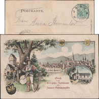 Delcampe - Allemagne 1903. Entier Postal Timbré Sur Commande. Tireurs En Armure, Cible, Vue D'Isny, Chêne, Fusil Et Arbalète - Waffenschiessen