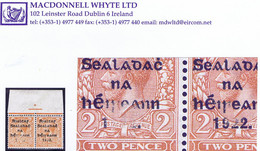 Ireland 1922 Thom Rialtas Ovpt In Blue-black On 2d Die 2, Error "922" Practically Missing Row 1/6 In Marginal Pair Mint - Unused Stamps