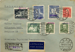 1951 POLONIA , CERTIFICADO POZNAN - ALTENBURG , LLEGADA , SOBRECARGA " GROSZY " , FRANQUEO MÚLTIPLE , POR AVION - Cartas & Documentos