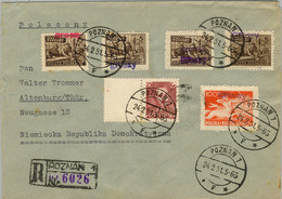 1951 POLONIA , CERTIFICADO POZNAN - ALTENBURG , LLEGADA , SOBRECARGA " GROSZY " , FRANQUEO MÚLTIPLE - Cartas & Documentos