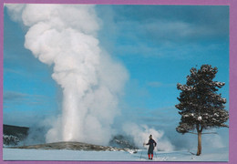 SKIER AND OLD FAITHFUL GEYSER - Yellowstone National Park - Yellowstone