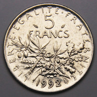 5 Francs Semeuse, 1992, Frappe Monnaie, Nickel - V° République - 5 Francs