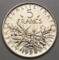 5 Francs Semeuse, 1993, Frappe Monnaie, Nickel - V° République - 5 Francs