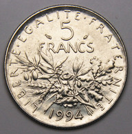 5 Francs Semeuse, 1994, Différent Dauphin, Nickel - V° République - 5 Francs