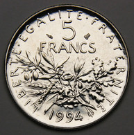 RARE, Issue De Coffret BU ! 5 Francs Semeuse, 1994, Différent Abeille, Nickel - V° République - 5 Francs