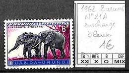 D - [5038]TB//**/Mnh-Burundi 1962 - N° 21A, Surcharge Bleue, Eléphants, Animaux - Elephants
