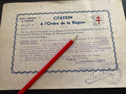 FFI 1945 Citation à L’ordre De La Région Pour Agent De Renseignement Du Groupe Tarzan - Dokumente