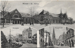 Münster I.W., - Bahnhof M. Gebäude F. Fahrkartenausgabe 4 Kl., Militär- U. Sonntagskarten - Marienplatz - Prinzipalmarkt - Muenster