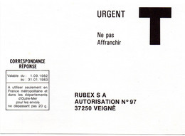 INDRE & LOIRE - Dépt N° 37 = VEIGNE 1982 = CORRESPONDANCE REPONSE T  ' RUBEX SA ' - Cartes/Enveloppes Réponse T