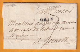 1750 - Marque Postale DAIX - 20 X 5 Mm -  Sur Lettre Pliée Avec Correspondance Vers Grenoble, Isère - Taxe 7 - 1701-1800: Precursors XVIII
