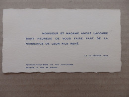 Faire-Part De Naissance De René Leur Fils Mr Et Mme Lacombe Fontenay-sous-Bois (94) 1932 - Nacimiento & Bautizo